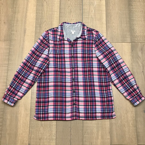 L.L. Bean Tops - L.L. Bean Shirt Shacket Womens Size L Pink Plaid Button Up Fleece Lined Spring
